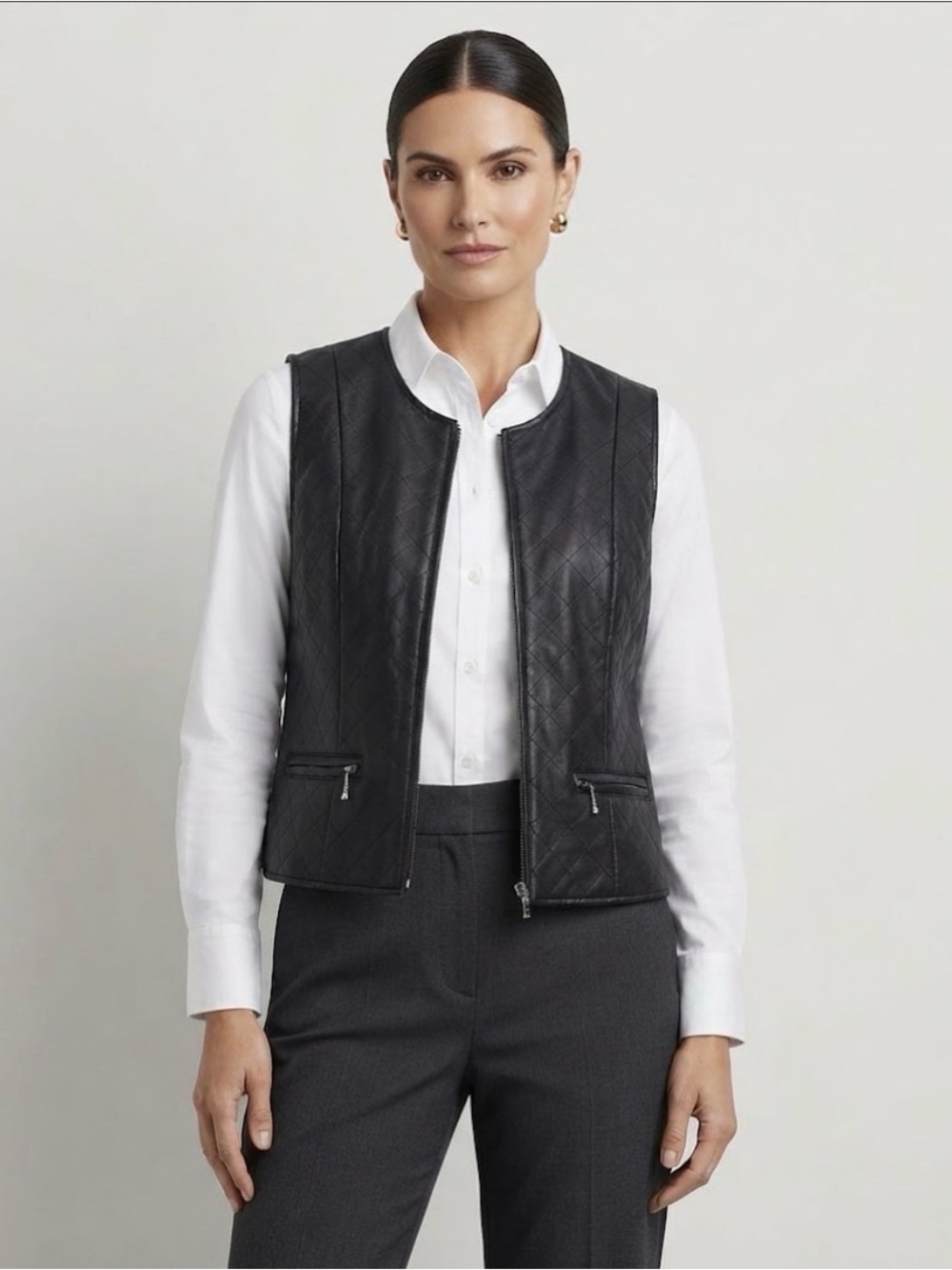 KATHY IRELAND Size M Black Faux Leather Full Zip Vest